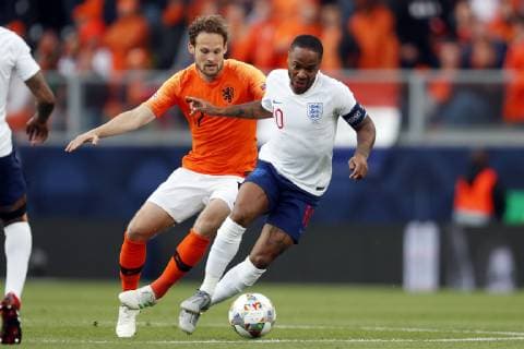 (l-r) Daley Blind of Holland, Raheem Sterling of England during the UEFA Nations League semi final match between The Netherlands and England at Estadio D. Afonso Henriques on June 06, 2019 in Guimaraes, Portugal UEFA Nations League 2018 2019 xVIxVIxImagesx xMauricexvanxSteenxIVx 14674899