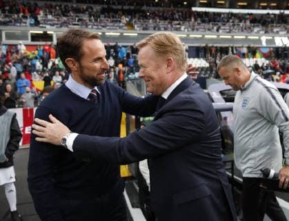 Gareth Southgate manager of England greets Ronald Koeman coach of Netherlands during the UEFA Nations League match at D. Afonso Henriques Stadium, Guimaraes. Picture date: 6th June 2019. Picture credit should read: David Klein Sportimage EDITORIAL USE ONLY. No use with unauthorised audio, video, data, fixture lists, club league logos or live services. Online in-match use limited to 120 images, no video emulation. No use in betting, games or single club league player publications. SPI-0093-0028