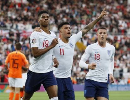 Marcus Rashford of England celebrates scoring the first goal during the UEFA Nations League match at D. Afonso Henriques Stadium, Guimaraes. Picture date: 6th June 2019. Picture credit should read: David Klein Sportimage EDITORIAL USE ONLY. No use with unauthorised audio, video, data, fixture lists, club league logos or live services. Online in-match use limited to 120 images, no video emulation. No use in betting, games or single club league player publications. SPI-0093-0044