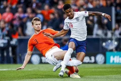 GUIMARAES, 06-06-2019, Estadio D. Afonso Henriques , UEFA Nations League Semi Final. (Left-right) Netherlands player Matthijs de Ligt, England player Marcus Rashford, penalty, during the game Netherlands - England Netherlands - England  x3610609x Copyright: