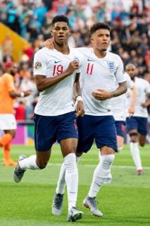 Guimaraes, Portugal, 06.06.2019, UEFA Nations League, Halblfinale, Niederlande - England, Tor zum 0:1, Torschuetze Marcus Rashford (ENG) jubelt mit Jadon Sancho (ENG) ( Defodi-01053042433
