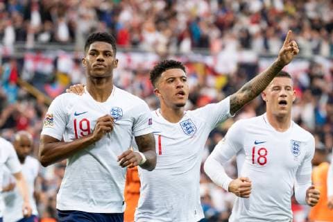 Guimaraes, Portugal, 06.06.2019, UEFA Nations League, Halblfinale, Niederlande - England, Tor zum 0:1, Torschuetze Marcus Rashford (ENG) jubelt mit Jadon Sancho (ENG) ( Defodi-01053042436