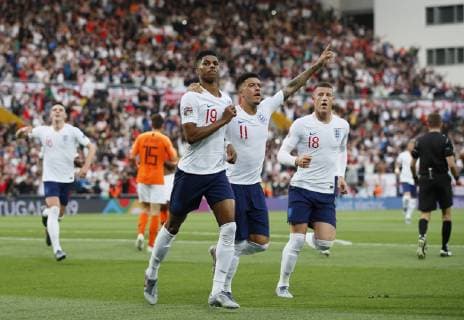Marcus Rashford of England celebrates scoring the first goal during the UEFA Nations League match at D. Afonso Henriques Stadium, Guimaraes. Picture date: 6th June 2019. Picture credit should read: David Klein Sportimage EDITORIAL USE ONLY. No use with unauthorised audio, video, data, fixture lists, club league logos or live services. Online in-match use limited to 120 images, no video emulation. No use in betting, games or single club league player publications. SPI-0093-0049