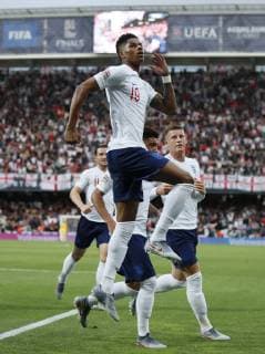 Marcus Rashford of England celebrates scoring the first goal during the UEFA Nations League match at D. Afonso Henriques Stadium, Guimaraes. Picture date: 6th June 2019. Picture credit should read: David Klein Sportimage EDITORIAL USE ONLY. No use with unauthorised audio, video, data, fixture lists, club league logos or live services. Online in-match use limited to 120 images, no video emulation. No use in betting, games or single club league player publications. SPI-0093-0051