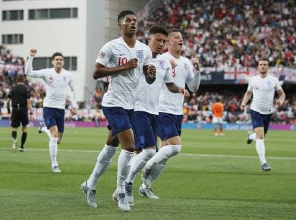 Marcus Rashford of England celebrates scoring the first goal during the UEFA Nations League match at D. Afonso Henriques Stadium, Guimaraes. Picture date: 6th June 2019. Picture credit should read: David Klein Sportimage EDITORIAL USE ONLY. No use with unauthorised audio, video, data, fixture lists, club league logos or live services. Online in-match use limited to 120 images, no video emulation. No use in betting, games or single club league player publications. SPI-0093-0054