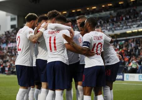 Raheem Sterling of England gives instructions as they celebrate the first goal during the UEFA Nations League match at D. Afonso Henriques Stadium, Guimaraes. Picture date: 6th June 2019. Picture credit should read: David Klein Sportimage EDITORIAL USE ONLY. No use with unauthorised audio, video, data, fixture lists, club league logos or live services. Online in-match use limited to 120 images, no video emulation. No use in betting, games or single club league player publications. SPI-0093-0060