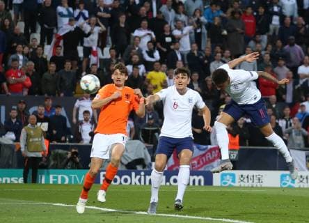Netherlands v England UEFA Nations League Semi-Final Jadon Sancho of England has a leader header on goal but see his effort saved during the UEFA Nations League Semi-Final match at Estadio D. Afonso Henrique, Guimaraes Content Not Available For UK Newspapers Copyright: xPaulxChestertonx FIL-13327-0075