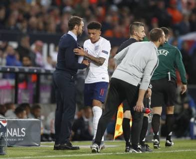 Gareth Southgate manager of England takes off Jadon Sancho of England during the UEFA Nations League match at D. Afonso Henriques Stadium, Guimaraes. Picture date: 6th June 2019. Picture credit should read: David Klein Sportimage EDITORIAL USE ONLY. No use with unauthorised audio, video, data, fixture lists, club league logos or live services. Online in-match use limited to 120 images, no video emulation. No use in betting, games or single club league player publications. SPI-0093-0082