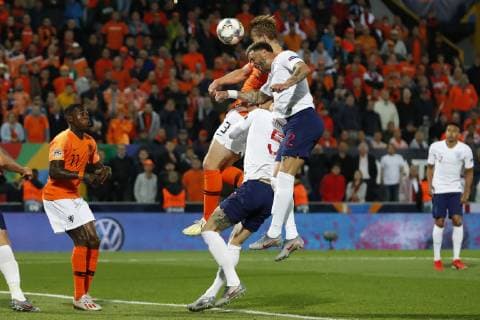(l-r) Harry Kane of England, Quincy Promes of Holland, Matthijs de Ligt of Holland, John Stones of England, Kyle Walker of England during the UEFA Nations League semi final match between The Netherlands and England at Estadio D. Afonso Henriques on June 06, 2019 in Guimaraes, Portugal UEFA Nations League 2018 2019 xVIxVIxImagesx xMauricexvanxSteenxIVx 14675851