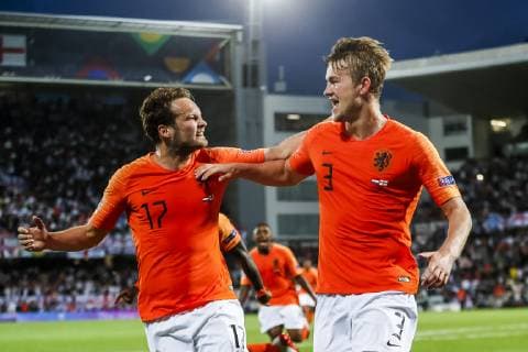 GUIMARAES, 06-06-2019, Estadio D. Afonso Henriques , UEFA Nations League Semi Final. (Left-right) Netherlands player Daley Blind, Netherlands player Matthijs de Ligt celebrating the goal during the game Netherlands - England Netherlands - England  x3611023x Copyright: