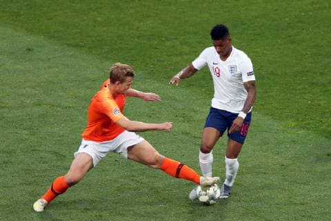 June 6, 2019 - Guimaraes, Portugal - GUIMARAES, PORTUGAL - JUNE 6: Marcus Rashford of England (R ) vies with Matthijs de Ligt of Netherlands during the UEFA Nations League Semi-Final football match Netherlands vs England, at the Dom Afonso Henriques stadium in Guimaraes, Portugal, on June 6, 2019. Netherlands vs England - UEFA Nations League Semi-Final  - ZUMAn230 20190606_zaa_n230_425 Copyright: xPedroxFiuzax