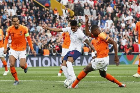 Marcus Rashford of England is caught by Denzel Dumfries of Netherlands which led to him going off injured during the UEFA Nations League match at D. Afonso Henriques Stadium, Guimaraes. Picture date: 6th June 2019. Picture credit should read: David Klein Sportimage EDITORIAL USE ONLY. No use with unauthorised audio, video, data, fixture lists, club league logos or live services. Online in-match use limited to 120 images, no video emulation. No use in betting, games or single club league player publications. SPI-0093-0097