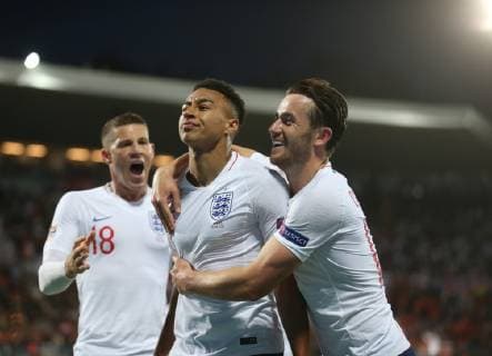 Netherlands v England UEFA Nations League Semi-Final Jessie Lingard of England celebrates with Ross Barkley and Ben Chilwell after he scores what he thinks is their second goal only for it to be ruled offside during the UEFA Nations League Semi-Final match at Estadio D. Afonso Henrique, Guimaraes Content Not Available For UK Newspapers Copyright: xPaulxChestertonx FIL-13327-0123