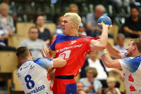 Rene Zobel (Balingen) im Zweikampf mit Florian Eisentraeger (Grosswallstadt) TV Grosswallstadt vs HBW Balingen-Weilstetten, Handball, 2. Bundesliga, 08.06.2019 TV Grosswallstadt vs HBW Balingen-Weilstetten, Handball, 2. Bundesliga, 08.06.2019 Elsenfeld Copyright: xWeissx Eibner-Pressefotox EP_rws