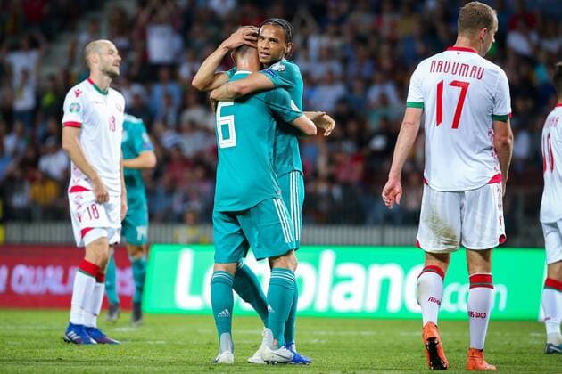 Sport Themen der Woche KW23 Sport Bilder des Tages Fußball, EM Quali, Weißrussland - Deutschland Leroy Sane (Deutschland) (rechts re.) jubelt nach seinem Tor zum 0:1 mit Joshua Kimmich (Deutschland) (links li.) DFB regulations prohibit any use of photographs as image sequences and or quasi-video. BLR, Fussball, EM - Qualifikation, Weissrussland - Deutschland, 08.06.2019 Borissow *** Leroy Sane Germany right right re cheers after his goal to 0 1 with Joshua Kimmich Germany left li DFB regulations prohibit any use of photographs as image sequences and or quasi video BLR, Football, European Championship qualification, Belarus Germany, 08 06 2019 Borissow Copyright: xTomxWellerx xEibner-Pressefotox EP_eer