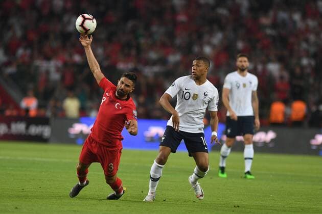 Turkey™s Hasan Ali Kaldirim and France™s Kylian Mbappe during Euro 2020 group H qualifying soccer match between Turkey and France at the Konya City Stadium in Konya, Turkey, June 8, 2019.  Copyright: AbdurrahmanxAntakyali 16395194
