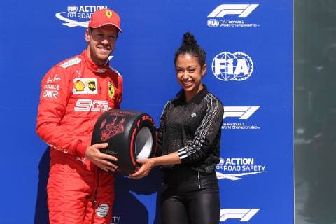 8th June 2019, Circuit Gilles Villeneuve, Montreal, Quebec, Canada; Formula 1 Grand Prix of Canada, qualifying sessions; Scuderia Ferrari, Sebastian Vettel takes pole for tomorrows race and receives the Pirelli Pole Position Award from the Pirelli Representative actress Liza Koshy  ActionPlus12142246 Octane