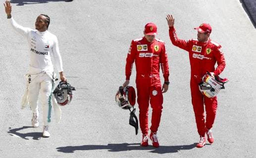 Motorsports: FIA Formula One World Championship, WM, Weltmeisterschaft 2019, Grand Prix of Canada, 44 Lewis Hamilton (GBR, Mercedes AMG Petronas Motorsport), 16 Charles Leclerc (MCO, Scuderia Ferrari Mission Winnow), 5 Sebastian Vettel (GER, Scuderia Ferrari Mission Winnow), Montreal Canada