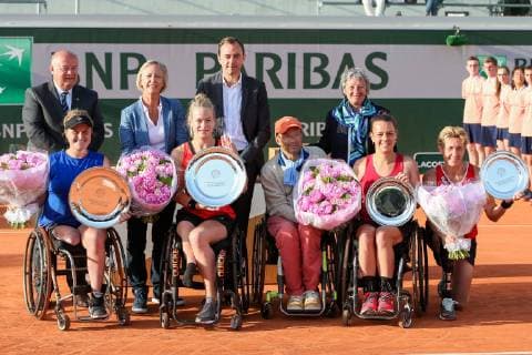 (R-L) Sabine Ellerbrook of Germany, Marjolein Buis, Diede De Groot and Annie Van Koot of the Netherlands pose with the trophies during the trophy ceremony of the French Open wheelchair and quad wheelchair tennis tournament at the Roland Garros in Paris, France on June 8, 2019.  (105399031)