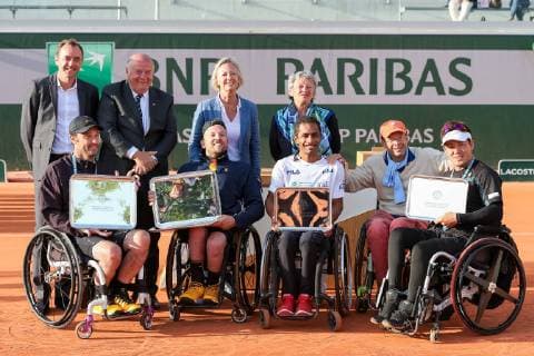 (R-L) Koji Sugeno of Japan, Ymanitu Silva of Brazil, Dylan Alcott of Australia and David Wagner of the United States pose with the trophies during the trophy ceremony of the French Open wheelchair and quad wheelchair tennis tournament at the Roland Garros in Paris, France on June 8, 2019.  (105399040)