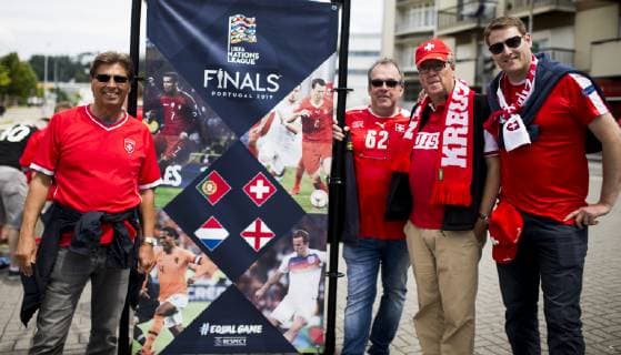 9th June 2019, St& xe1;dio D Afonso Henriques, Porto, Portugal; UEFA Nations League Football 3rd placed final, England versus Switzerland; The fans of Switzerland supporting their team before the match  ActionPlus12142505 NikolaxKrstic