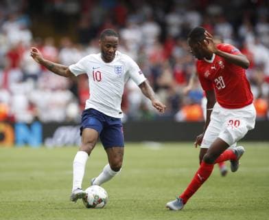 Raheem Sterling of England turns Edimilson Fernandes of Switzerland during the UEFA Nations League match at D. Afonso Henriques Stadium, Guimaraes. Picture date: 9th June 2019. Picture credit should read: David Klein Sportimage EDITORIAL USE ONLY. No use with unauthorised audio, video, data, fixture lists, club league logos or live services. Online in-match use limited to 120 images, no video emulation. No use in betting, games or single club league player publications. SPI-0095-0039