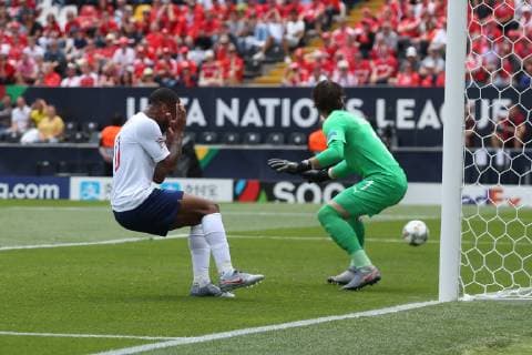 Switzerland v England UEFA Nations League 3rd Place Play-off Raheem Sterling of England rues a missed chance during the UEFA Nations League 3rd Place Play-off match at Estadio D. Afonso Henrique, Guimaraes Content Not Available For UK Newspapers Copyright: xPaulxChestertonx FIL-13338-0018