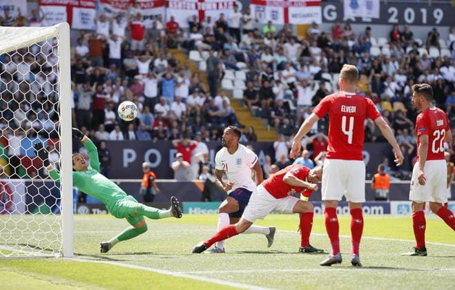 Callum Wilson of England scores before it is disallowed by VAR during the UEFA Nations League match at D. Afonso Henriques Stadium, Guimaraes. Picture date: 9th June 2019. Picture credit should read: David Klein Sportimage EDITORIAL USE ONLY. No use with unauthorised audio, video, data, fixture lists, club league logos or live services. Online in-match use limited to 120 images, no video emulation. No use in betting, games or single club league player publications. SPI-0095-0054