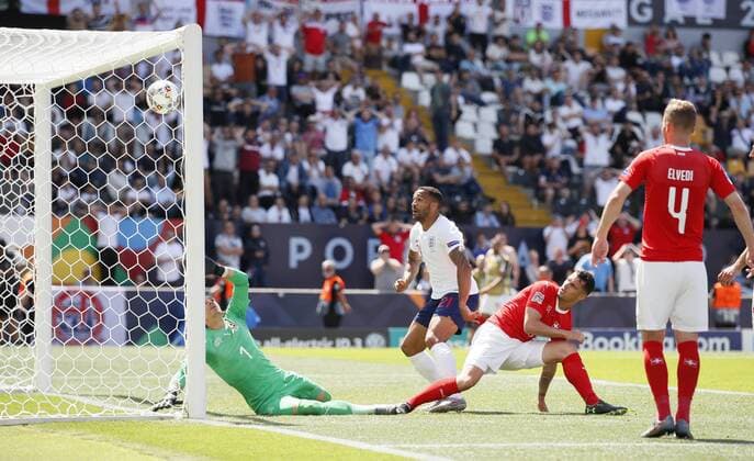 Callum Wilson of England scores before it is disallowed by VAR during the UEFA Nations League match at D. Afonso Henriques Stadium, Guimaraes. Picture date: 9th June 2019. Picture credit should read: David Klein Sportimage EDITORIAL USE ONLY. No use with unauthorised audio, video, data, fixture lists, club league logos or live services. Online in-match use limited to 120 images, no video emulation. No use in betting, games or single club league player publications. SPI-0095-0058