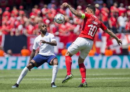 9th June 2019, St& xe1;dio D Afonso Henriques, Porto, Portugal; UEFA Nations League Football 3rd placed final, England versus Switzerland; Xhaka of SUI competes against Fabian Delph of ENG  ActionPlus12142617 NikolaxKrstic