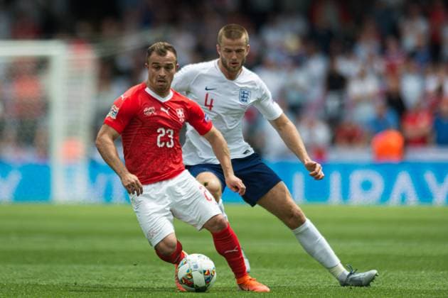 Guimaraes, Portugal, 09.06.2019, UEFA Nations League, 3. Platz, Schweiz - England, Xherdan Shaqiri (Switzerland) and Eric Dier (England) battle for the ball ( Defodi-09-531-002183