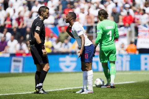 9th June 2019, St& xe1;dio D Afonso Henriques, Porto, Portugal; UEFA Nations League Football 3rd placed final, England versus Switzerland; Raheem Sterling of ENG talks with the referee about a decision  ActionPlus12142639 NikolaxKrstic