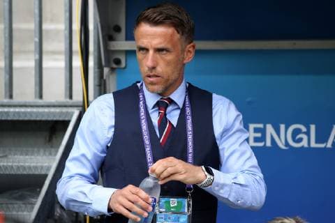 Philip Neville manager of England during the FIFA Women s World Cup match at Allianz Riviera Stadium, Nice. Picture date: 9th June 2019. Picture credit should read: Jonathan Moscrop Sportimage EDITORIAL USE ONLY. No use with unauthorised audio, video, data, fixture lists, club league logos or live services. Online in-match use limited to 120 images, no video emulation. No use in betting, games or single club league player publications. SPI-0094-0011