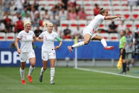 Nikita Parris of England celebrates after scoring from the penalty mark to give the side a 1-0 lead during the FIFA Women s World Cup match at Allianz Riviera Stadium, Nice. Picture date: 9th June 2019. Picture credit should read: Jonathan Moscrop Sportimage EDITORIAL USE ONLY. No use with unauthorised audio, video, data, fixture lists, club league logos or live services. Online in-match use limited to 120 images, no video emulation. No use in betting, games or single club league player publications. SPI-0094-0014