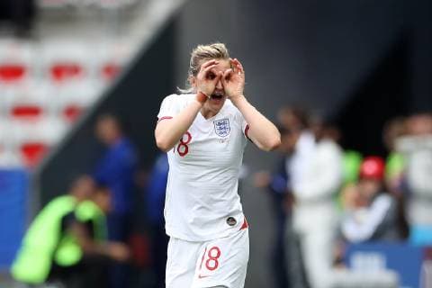 Ellen White of England celebrates after scoring to give the side a 2-0 lead during the FIFA Women s World Cup match at Allianz Riviera Stadium, Nice. Picture date: 9th June 2019. Picture credit should read: Jonathan Moscrop Sportimage EDITORIAL USE ONLY. No use with unauthorised audio, video, data, fixture lists, club league logos or live services. Online in-match use limited to 120 images, no video emulation. No use in betting, games or single club league player publications. SPI-0094-0026