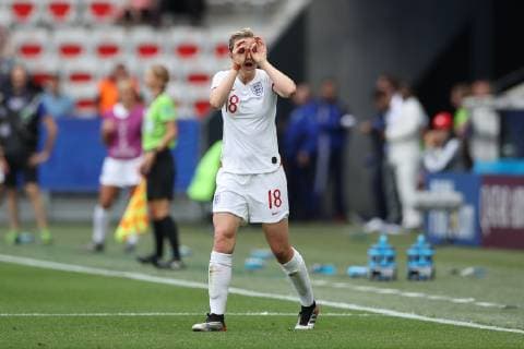 Ellen White of England celebrates after scoring to give the side a 2-0 lead during the FIFA Women s World Cup match at Allianz Riviera Stadium, Nice. Picture date: 9th June 2019. Picture credit should read: Jonathan Moscrop Sportimage EDITORIAL USE ONLY. No use with unauthorised audio, video, data, fixture lists, club league logos or live services. Online in-match use limited to 120 images, no video emulation. No use in betting, games or single club league player publications. SPI-0094-0027