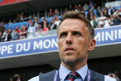 Philip Neville manager of England during the FIFA Women s World Cup match at Allianz Riviera Stadium, Nice. Picture date: 9th June 2019. Picture credit should read: Jonathan Moscrop Sportimage EDITORIAL USE ONLY. No use with unauthorised audio, video, data, fixture lists, club league logos or live services. Online in-match use limited to 120 images, no video emulation. No use in betting, games or single club league player publications. SPI-0094-0035