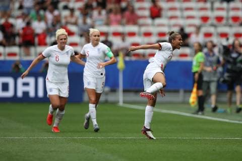 Nikita Parris of England celebrates after scoring from the penalty mark to give the side a 1-0 lead during the FIFA Women s World Cup match at Allianz Riviera Stadium, Nice. Picture date: 9th June 2019. Picture credit should read: Jonathan Moscrop Sportimage EDITORIAL USE ONLY. No use with unauthorised audio, video, data, fixture lists, club league logos or live services. Online in-match use limited to 120 images, no video emulation. No use in betting, games or single club league player publications. SPI-0094-0039