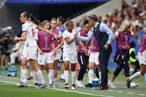 Nikita Parris of England is congratulated by Philip Neville manager of England after scoring from the penalty mark to give the side a 1-0 lead during the FIFA Women s World Cup match at Allianz Riviera Stadium, Nice. Picture date: 9th June 2019. Picture credit should read: Jonathan Moscrop Sportimage EDITORIAL USE ONLY. No use with unauthorised audio, video, data, fixture lists, club league logos or live services. Online in-match use limited to 120 images, no video emulation. No use in betting, games or single club league player publications. SPI-0094-0040