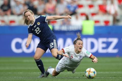 Lucy Bronze of England is fouled by Erin Cuthbert of Scotland during the FIFA Women s World Cup match at Allianz Riviera Stadium, Nice. Picture date: 9th June 2019. Picture credit should read: Jonathan Moscrop Sportimage EDITORIAL USE ONLY. No use with unauthorised audio, video, data, fixture lists, club league logos or live services. Online in-match use limited to 120 images, no video emulation. No use in betting, games or single club league player publications. SPI-0094-0042