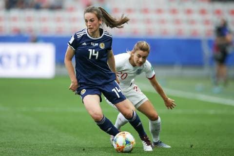 Chloe Arthur of Scotland and Karen Carney of England during the FIFA Women s World Cup match at Allianz Riviera Stadium, Nice. Picture date: 9th June 2019. Picture credit should read: Jonathan Moscrop Sportimage EDITORIAL USE ONLY. No use with unauthorised audio, video, data, fixture lists, club league logos or live services. Online in-match use limited to 120 images, no video emulation. No use in betting, games or single club league player publications. SPI-0094-0045
