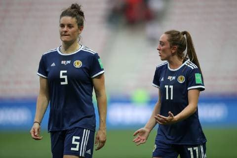 Jenny Beattie and Lisa Evans of Scotland pictured after the FIFA Women s World Cup match at Allianz Riviera Stadium, Nice. Picture date: 9th June 2019. Picture credit should read: Jonathan Moscrop Sportimage EDITORIAL USE ONLY. No use with unauthorised audio, video, data, fixture lists, club league logos or live services. Online in-match use limited to 120 images, no video emulation. No use in betting, games or single club league player publications. SPI-0094-0051