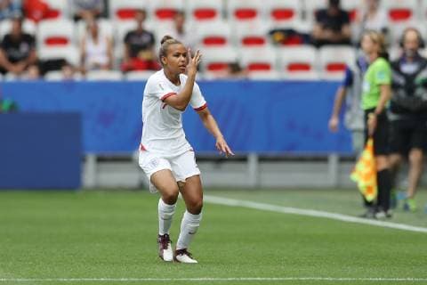 Nikita Parris of England celebrates after scoring from the penalty mark to give the side a 1-0 lead during the FIFA Women s World Cup match at Allianz Riviera Stadium, Nice. Picture date: 9th June 2019. Picture credit should read: Jonathan Moscrop Sportimage EDITORIAL USE ONLY. No use with unauthorised audio, video, data, fixture lists, club league logos or live services. Online in-match use limited to 120 images, no video emulation. No use in betting, games or single club league player publications. SPI-0094-0052