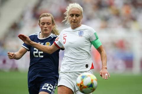Erin Cuthbert of Scotland and Steph Houghton of England battle for possession during the FIFA Women s World Cup match at Allianz Riviera Stadium, Nice. Picture date: 9th June 2019. Picture credit should read: Jonathan Moscrop Sportimage EDITORIAL USE ONLY. No use with unauthorised audio, video, data, fixture lists, club league logos or live services. Online in-match use limited to 120 images, no video emulation. No use in betting, games or single club league player publications. SPI-0094-0054
