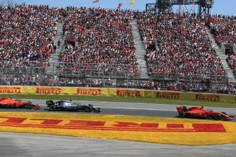 9th June 2019, Circuit Gilles Villeneuve, Montreal, Quebec, Canada; Formula 1 Grand Prix of Canada, Race day; Scuderia Ferrari, Sebastian Vettel leads the race start followed by Mercedes AMG Petronas Motorsport, Lewis Hamilton and Scuderia Ferrari, Charles Leclerc  ActionPlus12142827 Octane