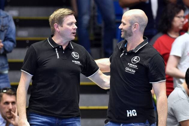 Axel Geerken (Management, Geschaeftsfuehrer MT Melsungen) (L ) und Heiko Grimm (Trainer MT Melsungen) freuen sich , GER, MT Melsungen - TBV Lemgo Lippe, Handball, 1. Bundesliga Maenner, 09.06.2019, GER, MT Melsungen - TBV Lemgo, Handball, 1. Liga Maenner, 09.06.2019 Kassel Copyright: xEIBNER RolandxSippelx EP_RSL