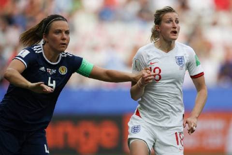 Rachel Corsie of Scotland and Ellen White of England during the FIFA Women s World Cup match at Allianz Riviera Stadium, Nice. Picture date: 9th June 2019. Picture credit should read: Jonathan Moscrop Sportimage EDITORIAL USE ONLY. No use with unauthorised audio, video, data, fixture lists, club league logos or live services. Online in-match use limited to 120 images, no video emulation. No use in betting, games or single club league player publications. SPI-0094-0058