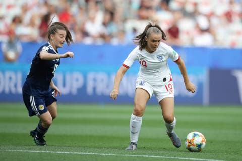 Georgia Stanway of England and Christie Murray of Scotland during the FIFA Women s World Cup match at Allianz Riviera Stadium, Nice. Picture date: 9th June 2019. Picture credit should read: Jonathan Moscrop Sportimage EDITORIAL USE ONLY. No use with unauthorised audio, video, data, fixture lists, club league logos or live services. Online in-match use limited to 120 images, no video emulation. No use in betting, games or single club league player publications. SPI-0094-0064
