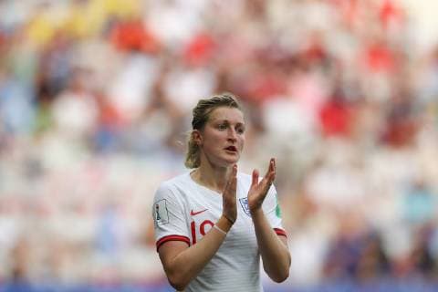 Ellen White of England applauds during the FIFA Women s World Cup match at Allianz Riviera Stadium, Nice. Picture date: 9th June 2019. Picture credit should read: Jonathan Moscrop Sportimage EDITORIAL USE ONLY. No use with unauthorised audio, video, data, fixture lists, club league logos or live services. Online in-match use limited to 120 images, no video emulation. No use in betting, games or single club league player publications. SPI-0094-0066