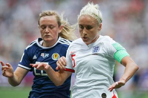 Erin Cuthbert of Scotland and Steph Houghton of England battle for possession during the FIFA Women s World Cup match at Allianz Riviera Stadium, Nice. Picture date: 9th June 2019. Picture credit should read: Jonathan Moscrop Sportimage EDITORIAL USE ONLY. No use with unauthorised audio, video, data, fixture lists, club league logos or live services. Online in-match use limited to 120 images, no video emulation. No use in betting, games or single club league player publications. SPI-0094-0084
